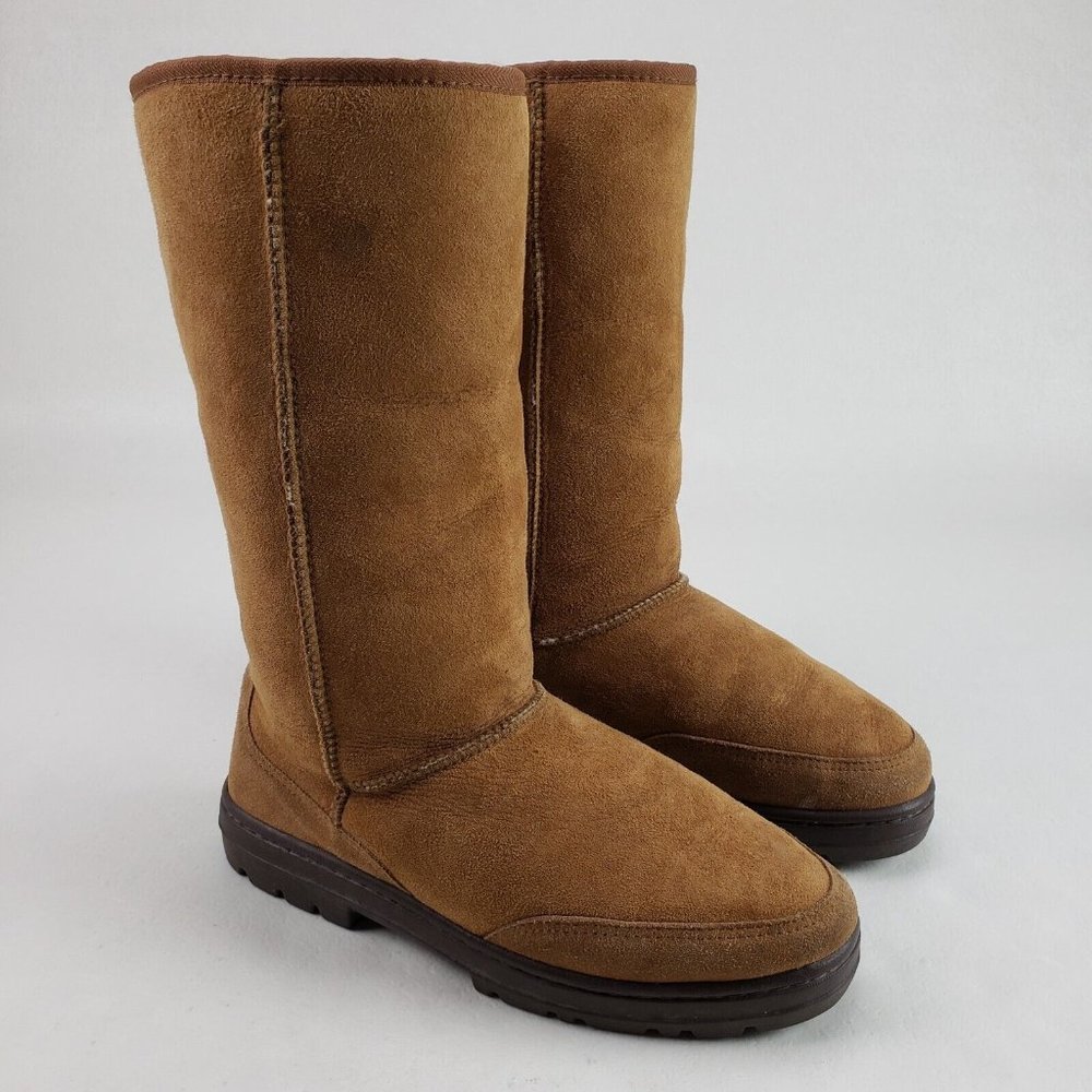 UGG Australia Ultra Tall Boot Women 10 Chestnut Sheepskin Suede Braid Lined 5245